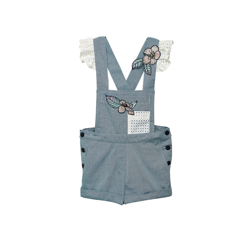Blue Embroidered Girls Overalls