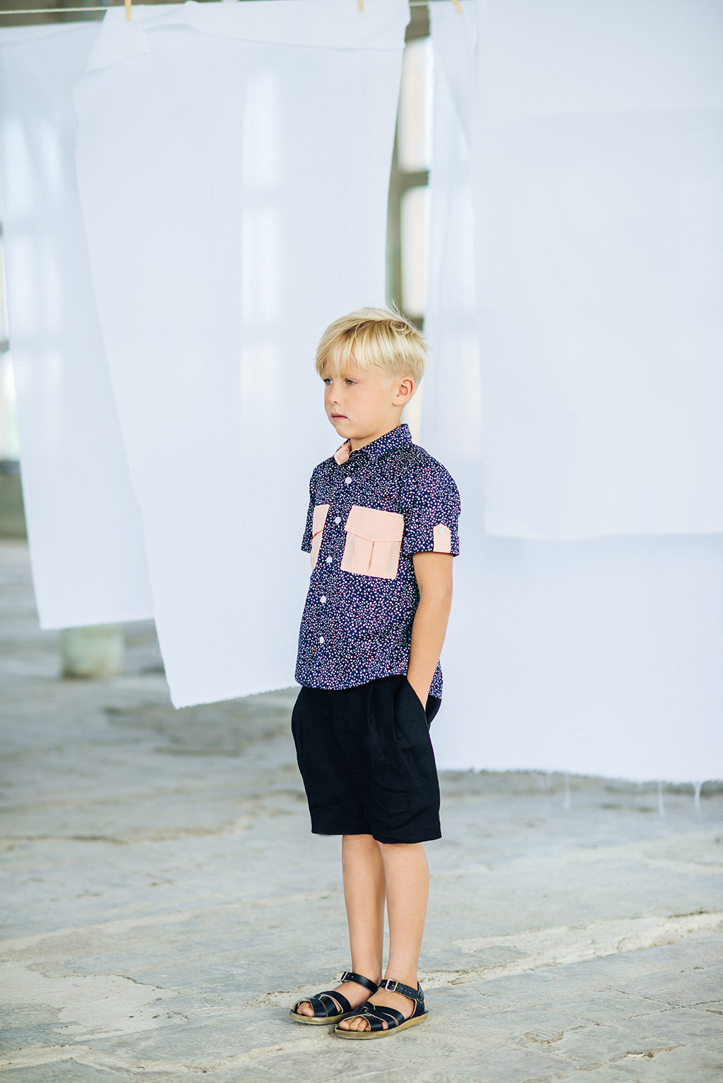 Navy Heather Boys Shirt with Pockets