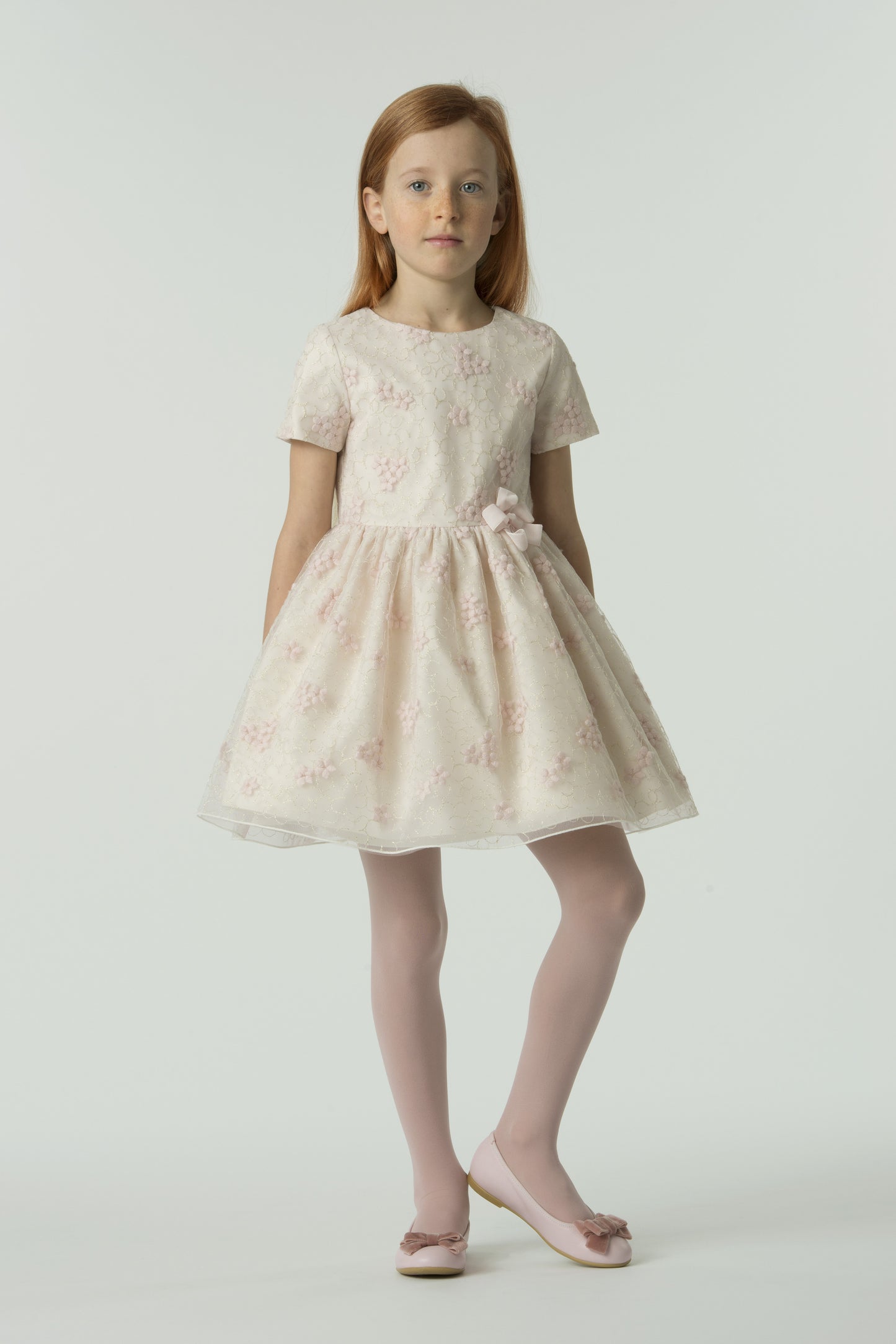 Girls OFF WHITE/PINK EMBR LUREX WOOL ON NET DRESS