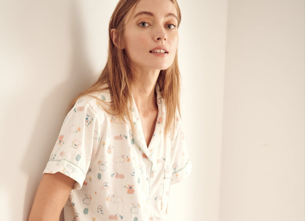 Women’s Bamboo Jersey Short Sleeve Button-up PJ Set - Summer Graze